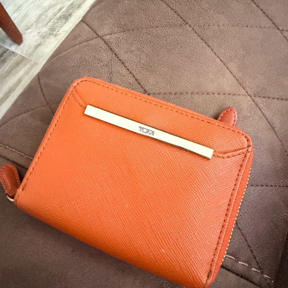 Tumi Orange Saffiano Zip Wallet with Gold Bar Detail - Picture 4 of 4